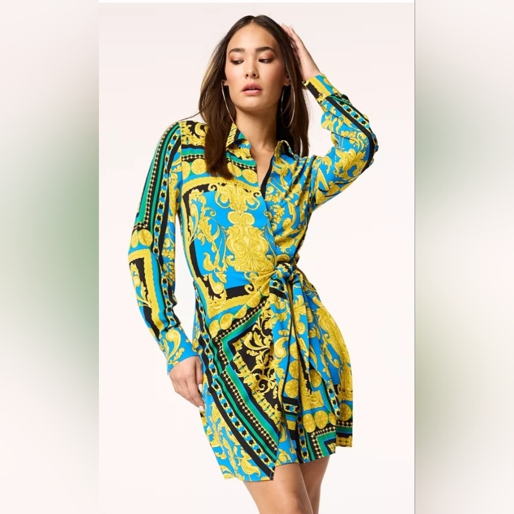 Intempo Baroque Print Wrap Mini Dress - Turquoise & Gold Medallion Shirt Dress